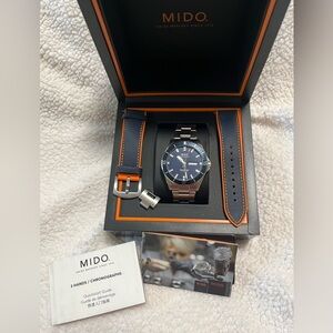 Mido Silver Watch with Blue Dial and Extra Strap